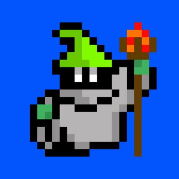 A pixel art character with a green wizard hat and a flaming torch/magic staff stands against a blue background, matching the whimsical, gaming-inspired aesthetic of the Zards NFT collection being mentioned in the post.