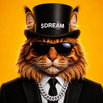 A digital illustration of a lion wearing a black top hat labeled '$DREAM', black sunglasses, a black suit, white shirt, black tie, and a diamond chain, set against a bright yellow background.