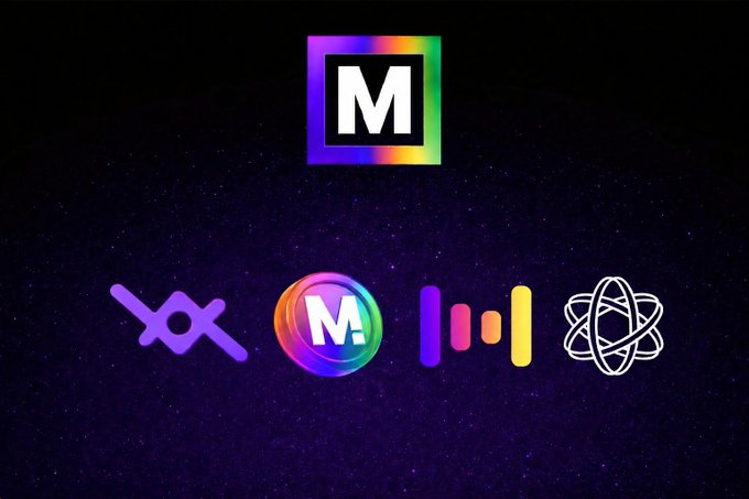 A promotional graphic displaying a central 'M' logo above four other icons (a swirl, a colorful 'M', vertical bars, and an atom symbol) against a dark purple background.