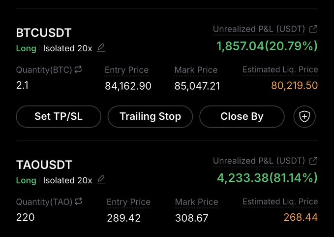 A cryptocurrency trading dashboard showing two open long positions: BTCUSDT with +20.79% unrealized P&L (entry 84,162.90, mark 85,047.21) and TAOUSDT with +81.14% unrealized P&L (entry 289.42, mark 308.67).