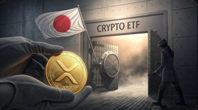 A digital illustration showing a gloved hand holding a gold XRP coin in front of a Japanese flag, with a vault labeled "CRYPTO ETF" and a guard in the background.