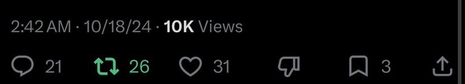 A screenshot of social media engagement metrics showing '2:42 AM · 10/18/24 · 10K Views' along with icons for 21 comments, 26 reposts, 31 likes, 3 dislikes, and 3 bookmarks.