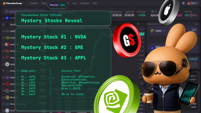 A PancakeSwap promotional graphic announces "Mystery Stocks Reveal" featuring the daily stock picks $NVDA, $GME, and $AAPL alongside a branded bunny mascot holding a coffee and tablet, while listing swap pool addresses and congratulating the social media winners (@jeshrum2, @flamerzsx, @JethroVanhelden, @RealTts3, @Ryanofnation, @NavyOrbit209, @Lee_C_J0610) who are instructed to DM their wallet addresses to claim their prizes.