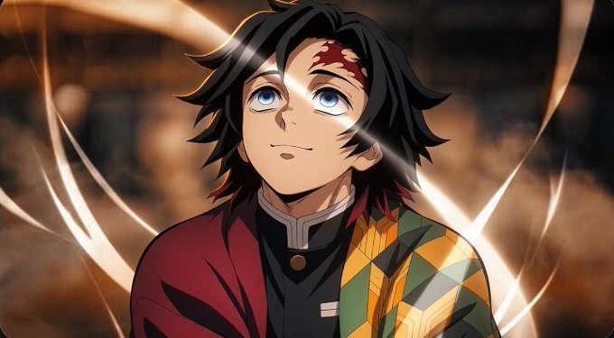 An anime character with dark hair and blue eyes, wearing a red and green outfit, smiles gently in a dimly lit setting.