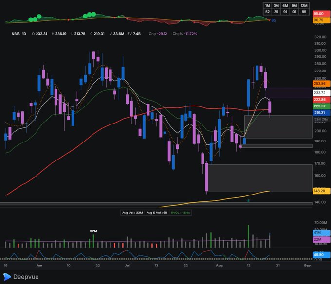 A candlestick chart of NBIS on the daily timeframe shows the stock selling off to $210.31 (-11.72%) on above-average volume (avg 22M vs. 65M), pulling back toward key moving averages (21 EMA, 50 SMA) and the $226 support/resistance confluence zone highlighted on the right side of the chart.