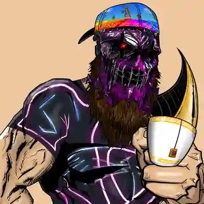 A dark, edgy digital illustration depicts a menacing figure with a purple skeletal face, red glowing eyes, a beard, and a colorful bandana, wearing dark armor with pink glowing lines while holding a curved, golden horn-like object.