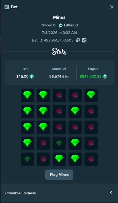 A screenshot of a Stake.com "Mines" game showing a winning bet by user "LittleKid" placed on 7/8/2026 at 3:32 AM, with a $15.00 bet yielding a massive 56,574.69× multiplier and an $848,620.38 payout. The image visually confirms the post's claim of cashing out $850K on Mines, illustrating the extraordinary win after StakeEddie's encouragement.