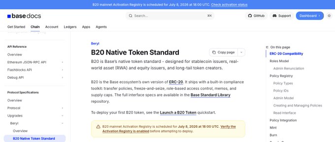 The image displays the Base documentation page for the "B20 Native Token Standard," which is described as the Base ecosystem's version of ERC-20 for stablecoin, RWA, and equity issuers. A yellow alert notes that the "B20 mainnet Activation Registry is scheduled for July 6, 2026 at 18:00 UTC." The post appears to speculate about "$B20" as a potential new "banger ticker" on Base following this launch announcement.