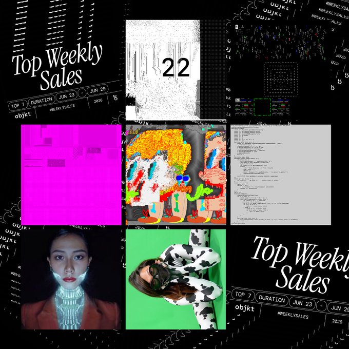 A collage-style graphic titled "Top Weekly Sales" featuring glitch art, pixelated images, and abstract designs, with visible text including "TOP 7," "DURATION: JUN 23 - JUN 29," "2026," "#WEEKLYSALES," and "objkt," highlighting the top three weekly sales with artwork by @kimasendorf.