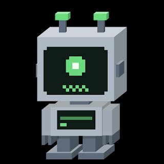 A pixel art illustration of a small white and grey robot with a green digital face and two green antenna lights on a black background.