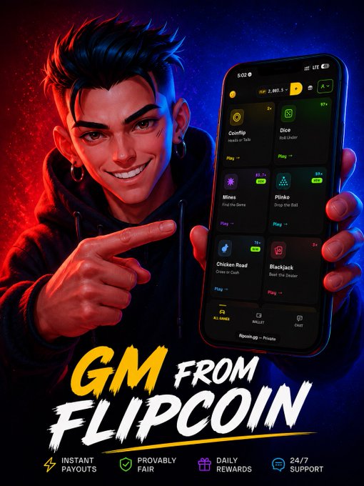 A promotional image for 'FLIPCOIN' featuring a stylized character pointing at a smartphone displaying crypto-related games like Coinflip, Dice, Mines, and Plinko.