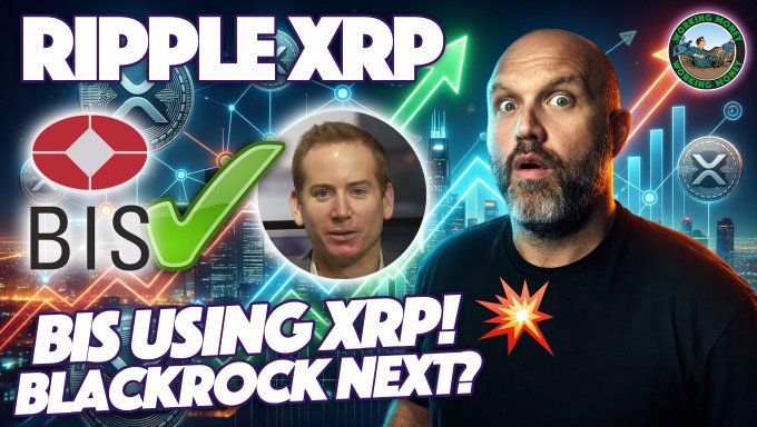 A man with a surprised expression appears beside a thumbnail featuring the "RIPPLE XRP" and "BIS" logos, with bold text reading "BIS USING XRP! BLACKROCK NEXT?"—visually reinforcing the post's claims about the Bank for International Settlements adopting XRP and speculation about BlackRock launching an XRP-related institutional product.
