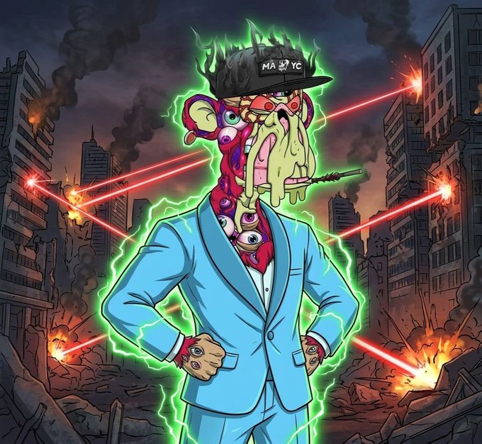 A grotesque, multi-eyed monster wearing a blue suit and a black cap labeled "MAYC" stands amidst a destroyed cityscape with laser beams and explosions, radiating green energy. The caption "Good morning future crypto millionaires. Rise and shine." matches the chaotic, exaggerated scene, humorously framing the wild market volatility as a monstrous wake-up call for crypto investors.