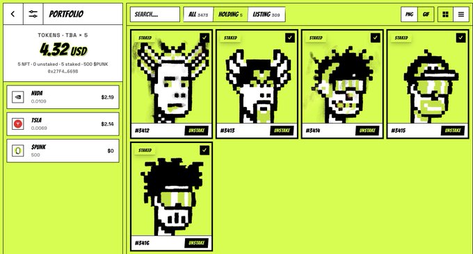 A screenshot of a pixel art NFT portfolio interface on a bright green background, displaying multiple CryptoPunk-style NFT listings with statuses like 'STAKED' and 'INSTASALE', along with a portfolio value of 4.32 USD and ticker tokens TBA + S.