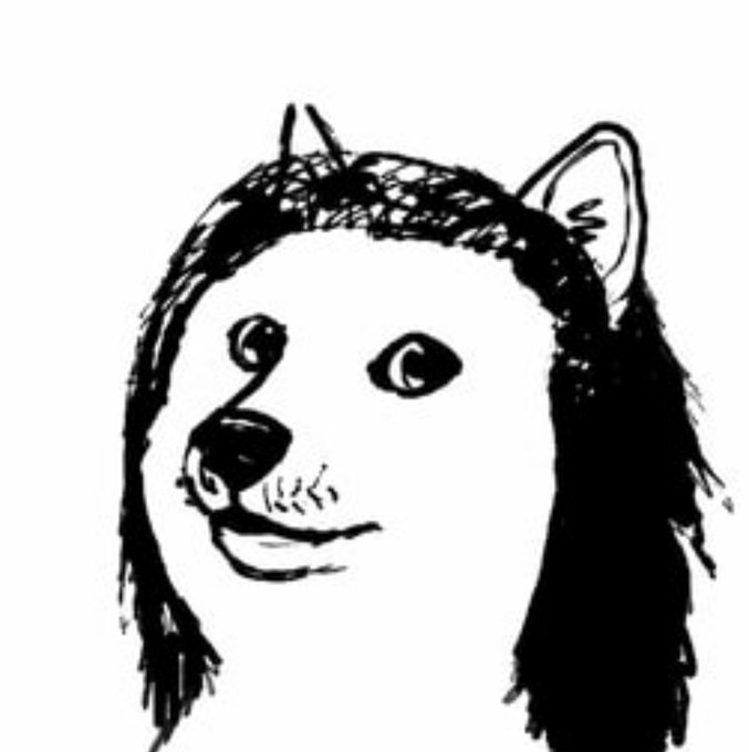 A black-and-white stylized illustration depicts a dog-like creature with long dark hair, resembling a shaggy animal portrait.