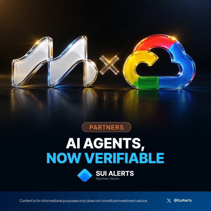 A promotional graphic featuring metallic logo symbols and a colorful cloud icon with 'PARTNERS' tag, headlined 'AI AGENTS, NOW VERIFIABLE' by SUI ALERTS (@SuiAlerts), noting content is for informational purposes only.