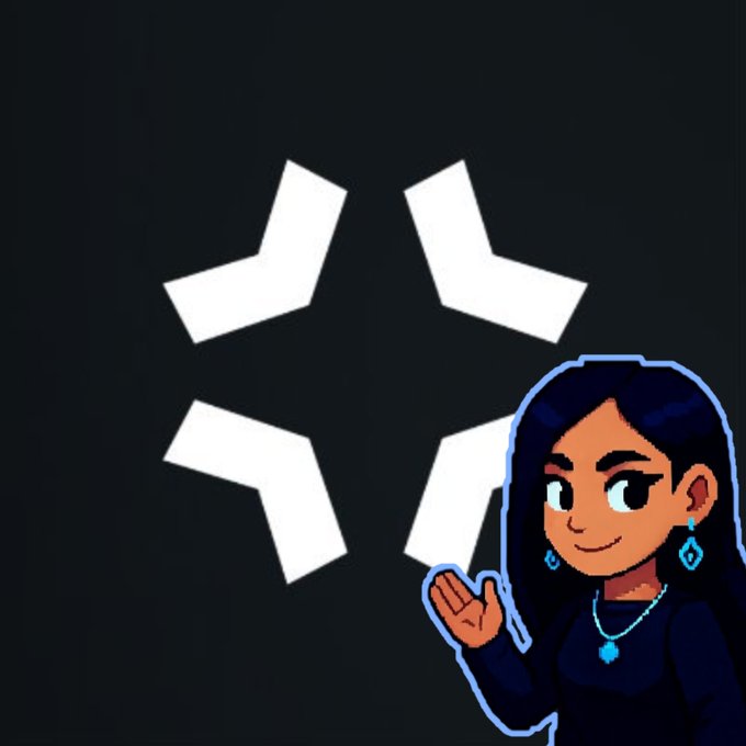 An illustration featuring a dark-haired animated woman with blue jewelry gesturing toward a white X-shaped/star logo on a dark background.