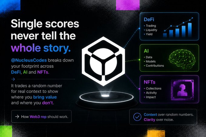 A promotional graphic for @NucleusCodes featuring a central hexagonal logo alongside the headline "Single scores never tell the whole story," which highlights how the platform analyzes footprints across DeFi (Trading, Liquidity, Yield), AI (Data, Models, Contributions), and NFTs (Collections, Activity, Impact) to provide context and clarity over random numbers.