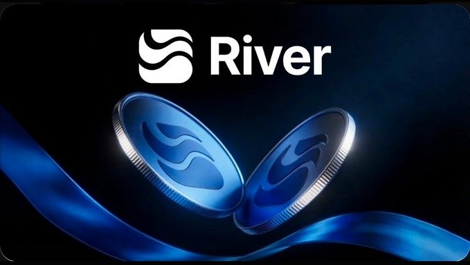 A dark promotional banner for 'River' displaying two blue metallic coins with the River logo against a black background with flowing blue ribbon accents.