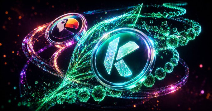 A vibrant digital art illustration of a cryptocurrency coin encircled by glowing neon green and purple energy waves and molecular-like structures on a dark background.