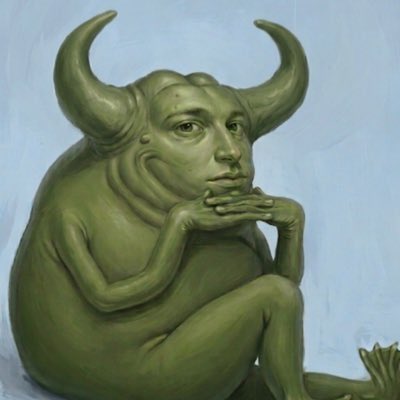 A green-tinted illustration of a horned humanoid figure sitting in a contemplative pose with its chin resting on its hands.