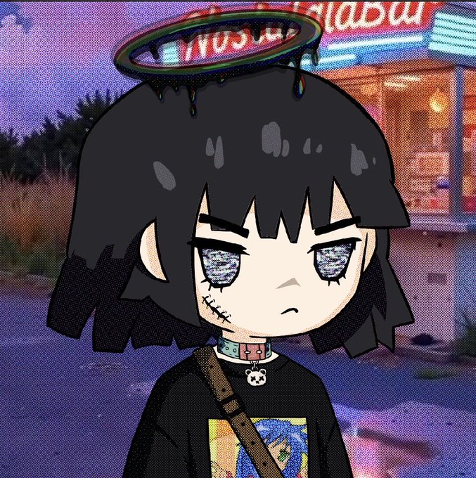 An animated-style character with long black hair, a glowing halo, purple static-filled eyes, a stitched mouth scar, and a spiked collar, wearing a black graphic tee against a nighttime urban backdrop.