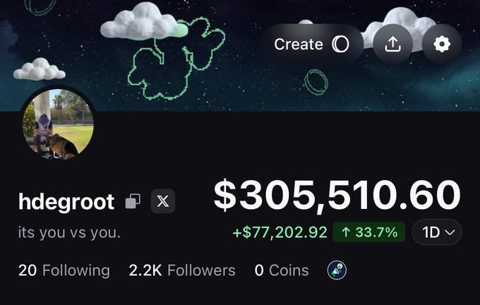 A profile screenshot of user "hdegroot" displays a portfolio value of $305,510.60, showing a 1-day gain of +$77,202.92 (33.7%) on the Pumpfun app, aligning with the post's mention of trading from the Pumpfun platform.