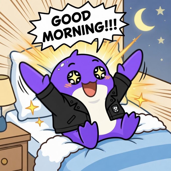 A cute cartoon illustration of a purple creature in a black jacket excitedly waking up in bed with a speech bubble saying 'GOOD MORNING!!!' under a starry night sky with a crescent moon.