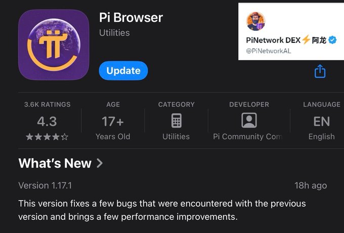 The image shows an app store update page for Pi Browser version 1.17.1, featuring a 4.3-star rating from 3.6K reviews and release notes stating it fixes bugs and improves performance. This directly illustrates the post's call for Pioneers to update their Pi Browser to the latest version for smoother wallet DApp operation.