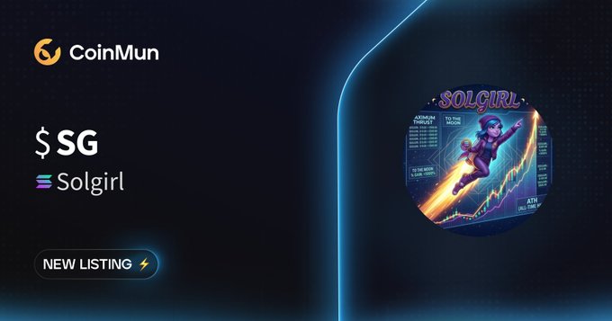 CoinMun cryptocurrency exchange listing announcement for $SG (Solgirl) featuring a cartoon superhero-style female character graphic with a 'NEW LISTING' badge.