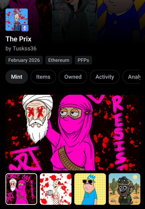 This image showcases "The Prix" by Tusks36, an Ethereum PFPs collection with a mint price starting at 0.003 ETH. The primary artwork depicts a figure in a pink burqa holding a severed head.