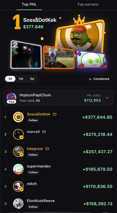 A mobile screenshot displays a "Top PNL" leaderboard with SossaDotTek ranking #1 at $377.64K, while the user "HopiumPapiChulo" is ranked #8 with $112,953 in PNL, just above ElonMuskReeve in 6th place. The leaderboard reinforces the post's claim of achieving the #8 position as a notable accomplishment, highlighting the user's standing among top earners.