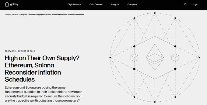 A Galaxy Digital research article titled 'High on Their Own Supply? Ethereum, Solana Reconsider Inflation Schedules' dated August 07, 2026, accompanied by a geometric Ethereum-style logo graphic.