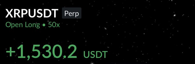 The image shows a close-up view of a screen displaying two lines with numbers, representing profits from trading an online cryptocurrency called XRP (XRPUSDT). One line represents the profits made by a trader after they have taken $1,530.2 in profits, while the other line displays losses and costs. The screenshot includes a green and white banner alongside text that reads "xrpusdst xrpudt - Perp". This screen is likely from an exchange where XRP is trading for USDT.