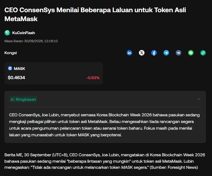 A news article from KuCoinFlash titled 'CEO ConsenSys Menilai Beberapa Laluan untuk Token Asli MetaMask' with AI summary in Malay, mentioning CEO Joe Lubin's statements about MetaMask (MASK) token at $0.4634.