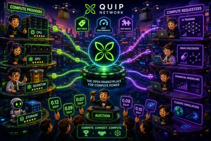 A vibrant illustrated infographic for 'QUIP NETWORK' depicting an open marketplace for compute power, featuring 'COMPUTE PROVIDERS' (CPU, GPU, Quantum, Storage) on the left and 'COMPUTE REQUESTERS' (AI Training, Drug Discovery, Financial Modeling, Climate Simulation) on the right, connected through an auction system with $QUIP token values.