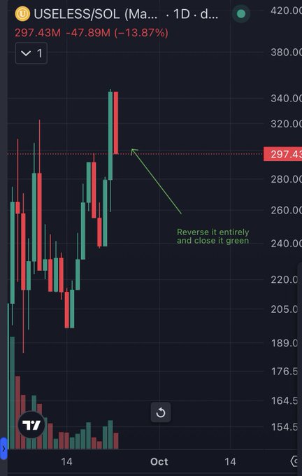 The image shows a 1-day candlestick chart for USELESS/SOL, displaying a steep -13.87% decline from $297.43M with the most recent bearish candle marked at $297.43, accompanied by an annotation reading "Reverse it entirely and close it green." The chart visually illustrates the post's point about market fear, suggesting traders should flip the bearish candle into a bullish one to spot hidden support.