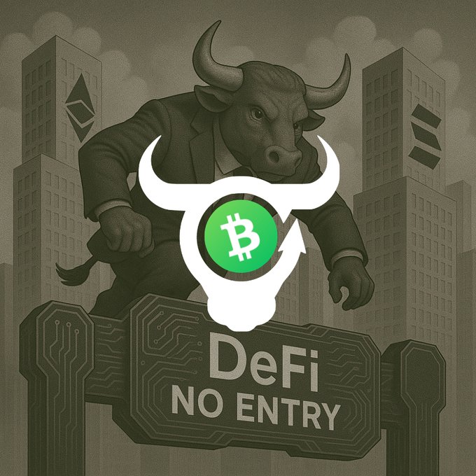 A digital illustration of a bull in a suit with a Bitcoin logo overlaid, standing behind a sign reading 'DeFi NO ENTRY' with Ethereum logos on city buildings in the background.