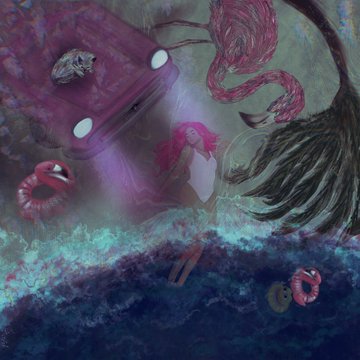 A digital painting of a character with glowing white eyes, tentacles, and a wide, pink-lipped mouth emerging from a dark, surreal underwater environment.