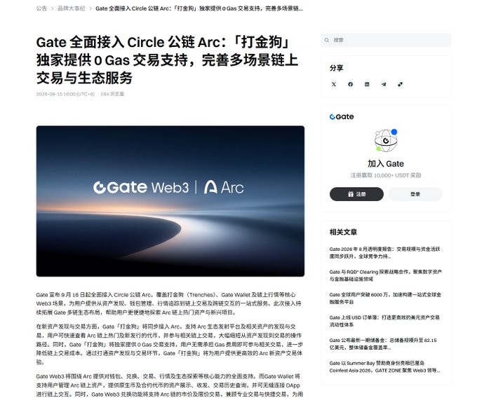 A Chinese-language news article about Gate fully integrating Circle's public chain Arc, with the headline 'Gate 全面接入 Circle 公链 Arc' and a Gate Web3 logo.