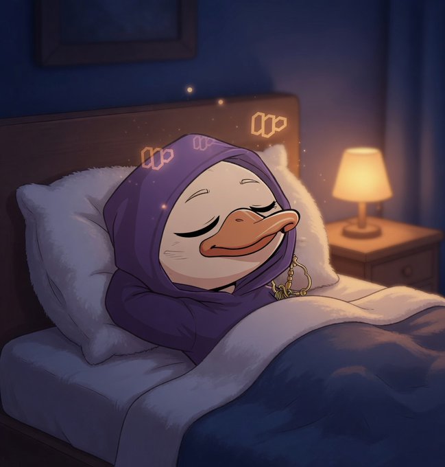 The image depicts a digital illustration of Quackers, a cartoon duck wearing a purple hoodie while resting on a bed near an open night lamp. The image has been captioned with "Focus on what is in the image and how it relates to the post" which implies that there might be some connection between Quackers' story or the current post discussing AttentionFi.