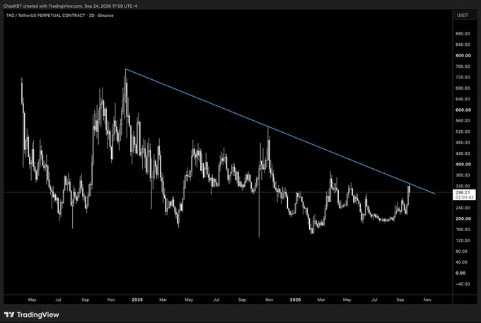 A TradingView chart shows the TAO/USDT perpetual contract price trending downward from approximately 760 to around 280, with a descending blue trendline drawn from peak to recent lows over the period from May to November 2024.