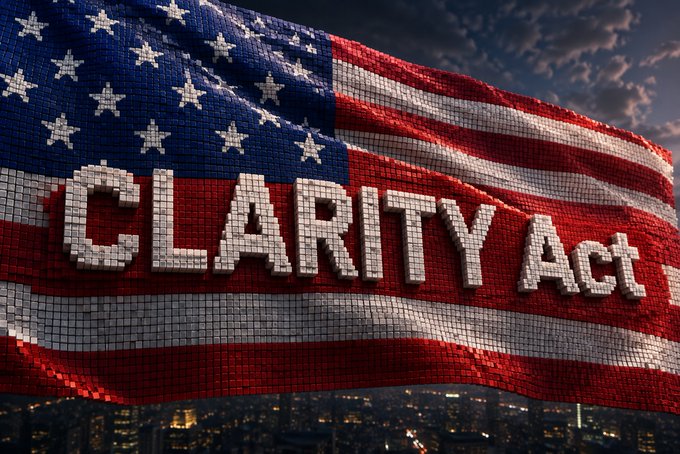 An American flag ripples against a dusk skyline with the words "CLARITY Act" emblazoned across its stripes, visually reinforcing the post's focus on the Digital Asset Market CLARITY Act and Tom Farley's challenge to Wall Street banks over their opposition to the legislation.