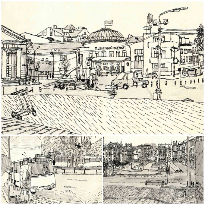 A series of black and white pen and ink sketches depicting urban scenes, including a domed building with Cyrillic text reading 'ПУЗЫЧНИЦА ПЕЧЕР' and other cityscapes with vehicles.