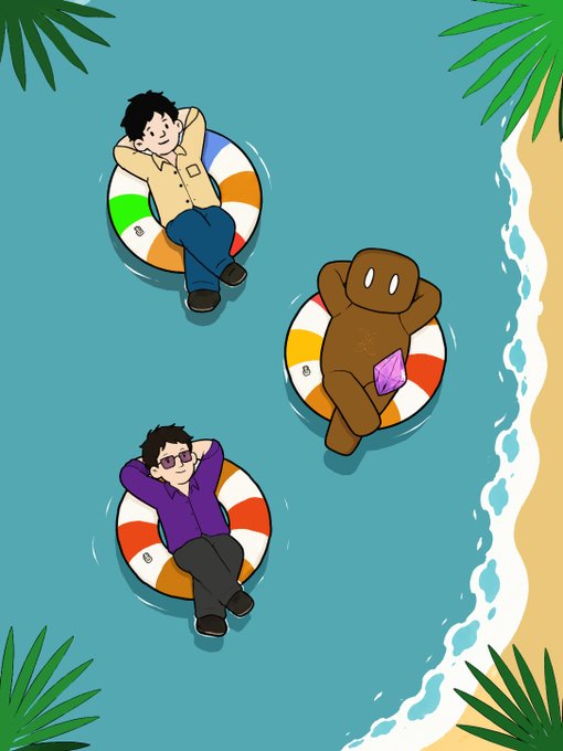 Illustration of two men and a brown bear-like creature floating in colorful inner tubes on turquoise water near a sandy beach with palm leaves.