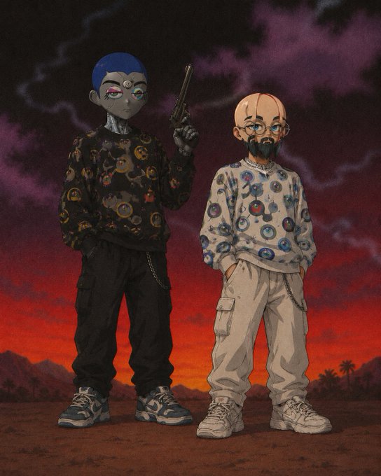A stylized illustration of two figures with doll-like features against a dramatic red and purple sunset sky—one wearing blue hair and holding a gun, the other bald with glasses—styled in an urban streetwear aesthetic.