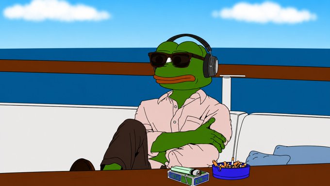 A cartoon illustration of the 'Sad Frog' / 'Pepe' character wearing sunglasses and headphones, lounging on a couch by the ocean with a pack of cigarettes and an ashtray on the table.