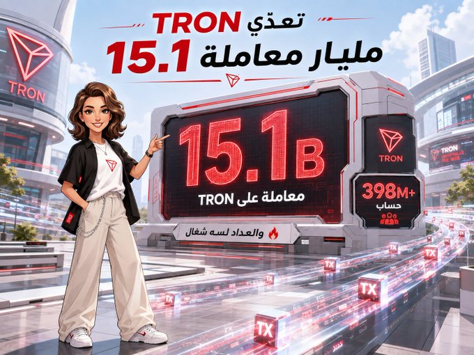 A stylized digital illustration shows a cartoon woman pointing at a large red display reading "15.1 B TRON معاملة" (15.1 billion TRON transactions), with a secondary counter showing "398M+ حساب" (398M+ accounts), visually reinforcing the post's announcement of TRON's milestone of surpassing 15.1 billion transactions and 398 million accounts on the network.