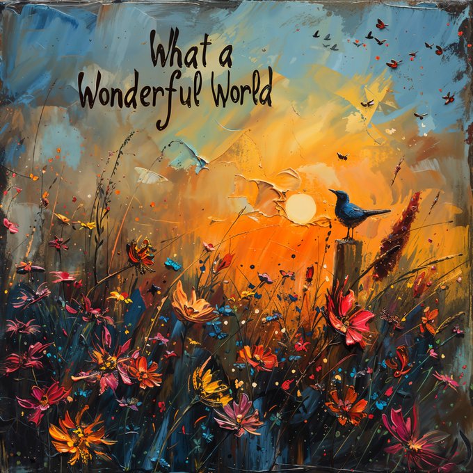 A vibrant painting of flowers and birds at sunset with a dark bird perched on a post, featuring the text 'What a Wonderful World'.