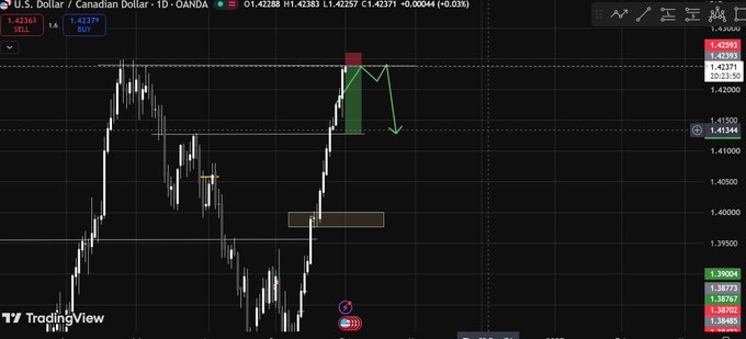 A TradingView candlestick chart of the U.S. Dollar / Canadian Dollar pair (D OANDA) shows recent price action around 1.42363, with a green projection line indicating a bearish move.